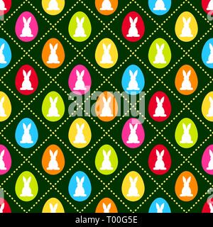 Seamless pattern vector background with colorful Easter eggs and rabbits Stock Vector
