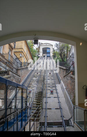 Zagreb - View to cable Car which is has a slope of 52 percent, the Zagreb funicular is one of the shortest and steepest in the world, Croatia, Zagreb, Stock Photo