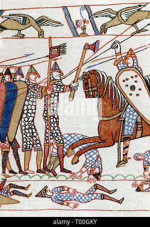 A battle scene during the Battle of Hastings, 11th century. A detail of the Bayeux Tapestry. The Bayeux Tapestry (Tapisserie de Bayeux) depicts the events leading up to the Norman conquest of England concerning William, Duke of Normandy, and Harold, Earl of Wessex, later King of England, and culminating in the Battle of Hastings. Stock Photo