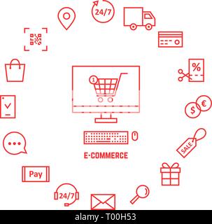 thin line red icons for e-commerce Stock Vector