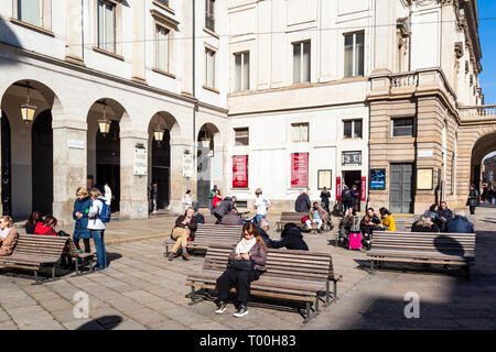 MILAN, ITALY - FEBRUARY 24, 2019: people near Ticket Office in Opera House and and La Scala Theater Museum (Museo Teatrale alla Scala) in Milan city.  Stock Photo