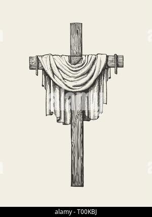 Crucifix, cross and shroud hand drawn. Religious sign. Sketch vector illustration Stock Vector