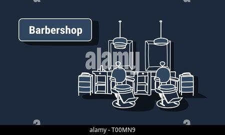 retro style haircut chairs modern beauty salon interior barbershop empty no people hairdressing contemporary room sketch doodle horizontal dark Stock Vector