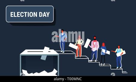 election day concept men women voters casting ballots at polling place during voting people putting paper ballot in box climbing stairs up full length Stock Vector