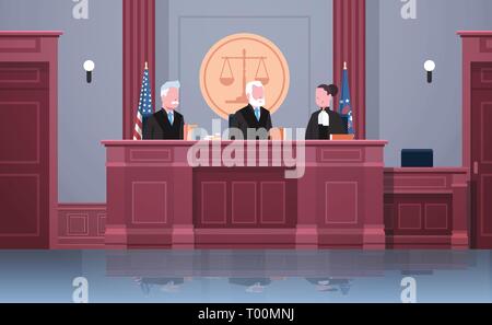 law process with judge lawyer and procurator in uniform sitting at workplace court session modern courtroom interior justice and jurisprudence concept Stock Vector