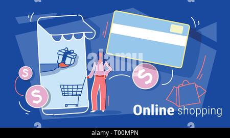 businesswoman using mobile application online market shopping concept female customer holding trolley card smartphone screen sketch full length Stock Vector