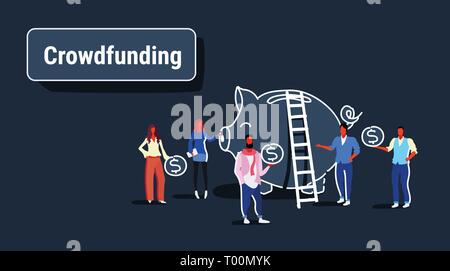 businesspeople group investment money investor crowdfunding concept business people investing dollar coins piggy bank crowd funding dark background Stock Vector