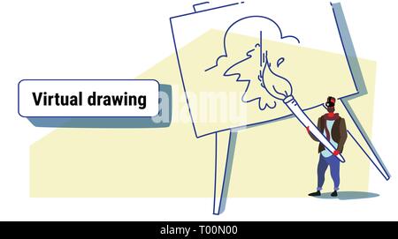 artist man wearing vr digital glasses holding paint brush male painter creativity virtual reality vision drawing concept cartoon character full length Stock Vector