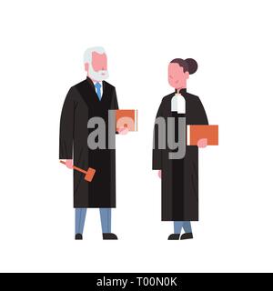 judge woman man couple court workers in judicial robe holding book and hummer low justice professional occupation concept cartoon characters full Stock Vector