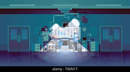 arabic surgeons team surrounding patient lying on operation table with lamps light rays during surgery arab medical workers with equipment in Stock Vector