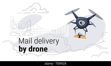 quadcopter express air mail delivery by drone concept modern city buildings cityscape background sketch doodle horizontal Stock Vector