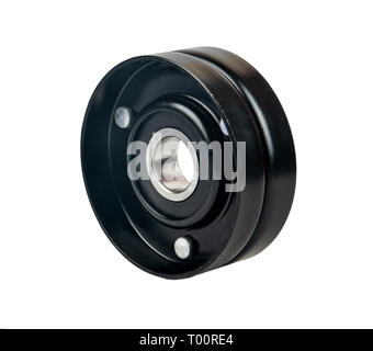 Black metal car generator belt roller isolated on white background Stock Photo
