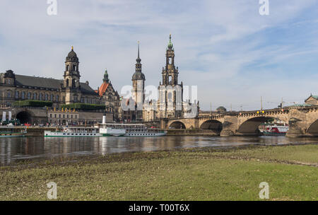 Dresden, Germany - the Elbe River cuts Dresden in two halves, and its one the main landmarks of the city. Here in particular the Augustus Bridge Stock Photo