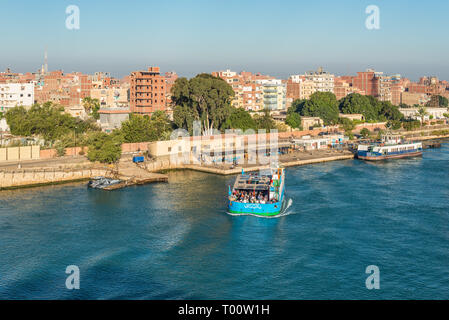 El Qantara, Egypt - November 5, 2017: West Qantara Ferryboat moored to the shore on the Suez Canal in the city El Qantara located in the Egyptian gove Stock Photo