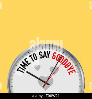 Time to Say Goodbye. White Clock with Motivational Slogan. Analog Metal Watch with Glass. Illustration Isolated on Solid Color Background. Broken Hear Stock Photo