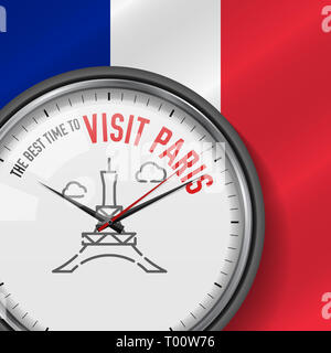 The Best Time for Visit Paris. White Clock with Motivational Slogan. Analog Metal Watch with Glass. Illustration on French Flag Background. Eiffel Tow Stock Photo