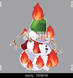 Angry aggressive toothy snowman is burning in the fire isolated on grey background. Vector cartoon close-up illustration. Stock Vector