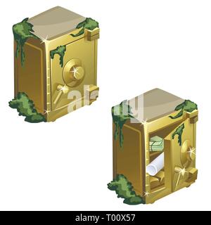 Sunken golden safe with documents isolated on white background. Vector cartoon close-up illustration. Stock Vector