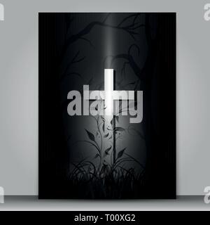 3d effect cross vector mourning card isolated on grey background Stock Vector