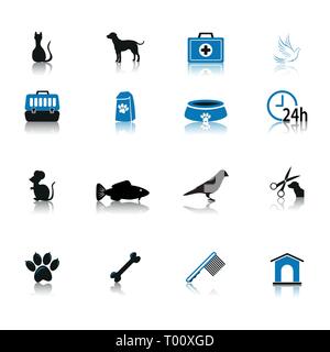 Pet care icon set black and blue isolated on white background Stock Vector