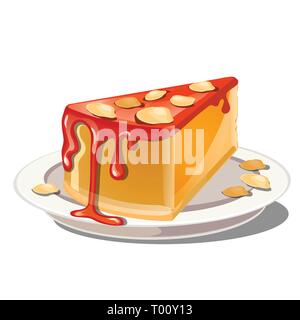 A slice of pumpkin pudding or cheesecake with red topping and crumble nut cereal isolated on a white background. Illustration for a recipe book of Stock Vector