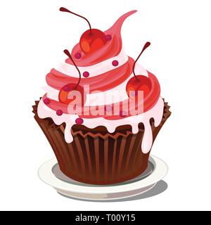 Sweet cupcake dessert in paper basket with whipped cream and pink berry topping with the decoration of ripe red juicy cherries isolated on a white Stock Vector