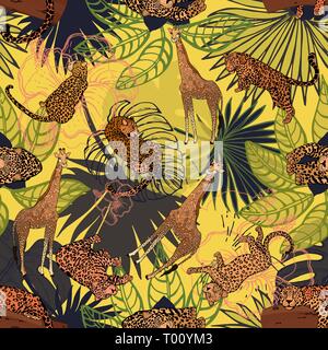 Seamless pattern of hand drawn sketch style leopards, giraffes and tropical plants. Vector illustration. Stock Vector
