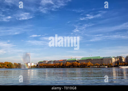 Inner Alster with the Alster Fountain in Hamburg, Germany. Stock Photo