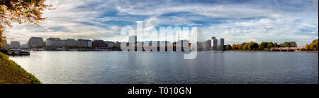 Panorama of the Inner Alster with the Alster Fountain in Hamburg, Germany. Stock Photo