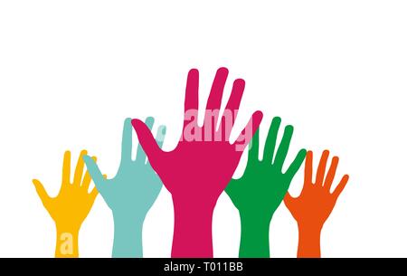 Colored arms extended up with open palms, flat design Stock Vector