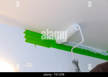Rear view painter man painting the ceiling in bathroom, with paint roller Stock Photo