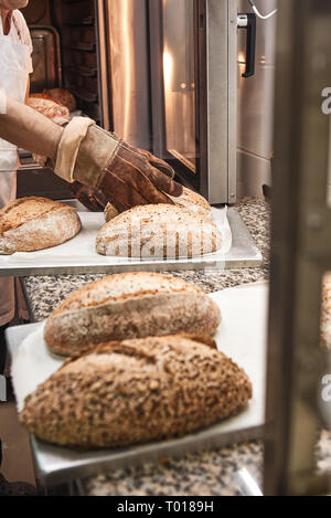 Freshly baked bread. Vertical photo of baker's hands in working gloves taking out hot bread from the oven at the kitchen. Bakery concept. Stock Photo