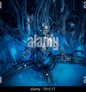 Splinter in the machine / 3D illustration of science fiction male humanoid android trapped inside futuristic computer core Stock Photo