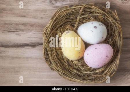 Three chocolate eggs in a nest, resting on a wooden background Stock Photo