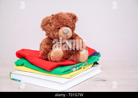 Donation concept. Donate things with kids clothes, books, school supplies and toys. Teddy bear. Copyspace for text Stock Photo
