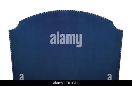 Dark indigo navy blue soft velvet fabric shaped bed headboard isolated on white background, front view Stock Photo