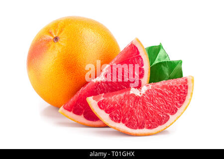 grapefruit and slice with leaves isolated on white background. Stock Photo