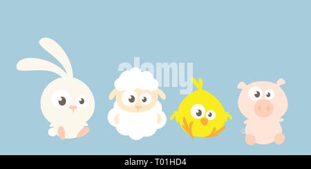 Cute baby farm animal friends - bunny lamb chicken and pig Stock Vector
