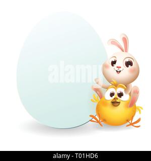 Cute baby Easter bunny and chicken with egg shape board - template on white isolated background Stock Vector