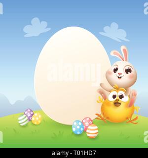 Cute baby Easter bunny and chicken with egg shape board - template on landscape background Stock Vector
