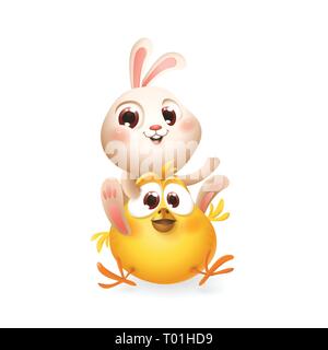 Cute baby bunny and chicken playing and having fun - isolated on white - vector illustration Stock Vector