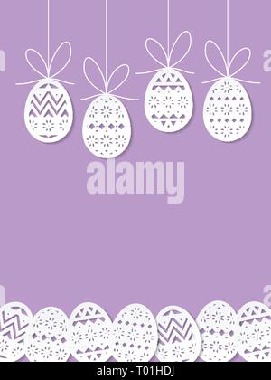 Easter eggs paper cut art on purple background Stock Vector
