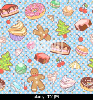 Cake, Christmas Tree, meringue, cherry, cupcake donut Gingerbread man candy macaroon Stock Vector