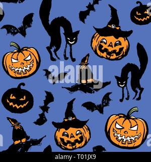 Vector pattern with cats and pumpkins on an blue background. Stock Vector
