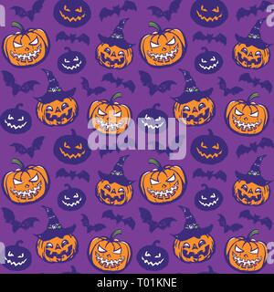 Vector pattern with pumpkins and bats in purple style Stock Vector