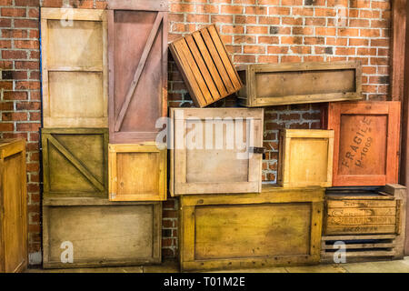 A group of varioius boxes and crates, outside a restaurant in Anaheim, California, USA Stock Photo