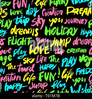 Seamless pattern with different colors words love, fun, sky, travel, holiday and other. Modern brush calligraphy illustration. Hand drawn positive sea Stock Vector