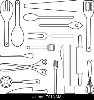 Assortment of cooking utensils outlines vector illustration Stock Vector