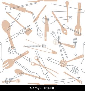 Cooking utensils brown silhouette and gray outlines seamless pattern vector illustration Stock Vector