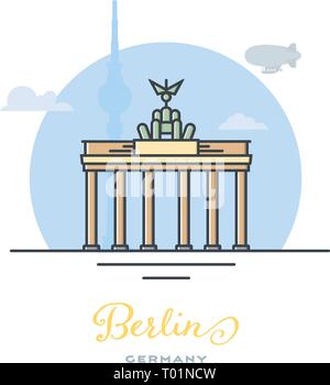 Brandenburg Gate at Berlin, Germany, flat vector illustration. Tourism and travel icon. Stock Vector